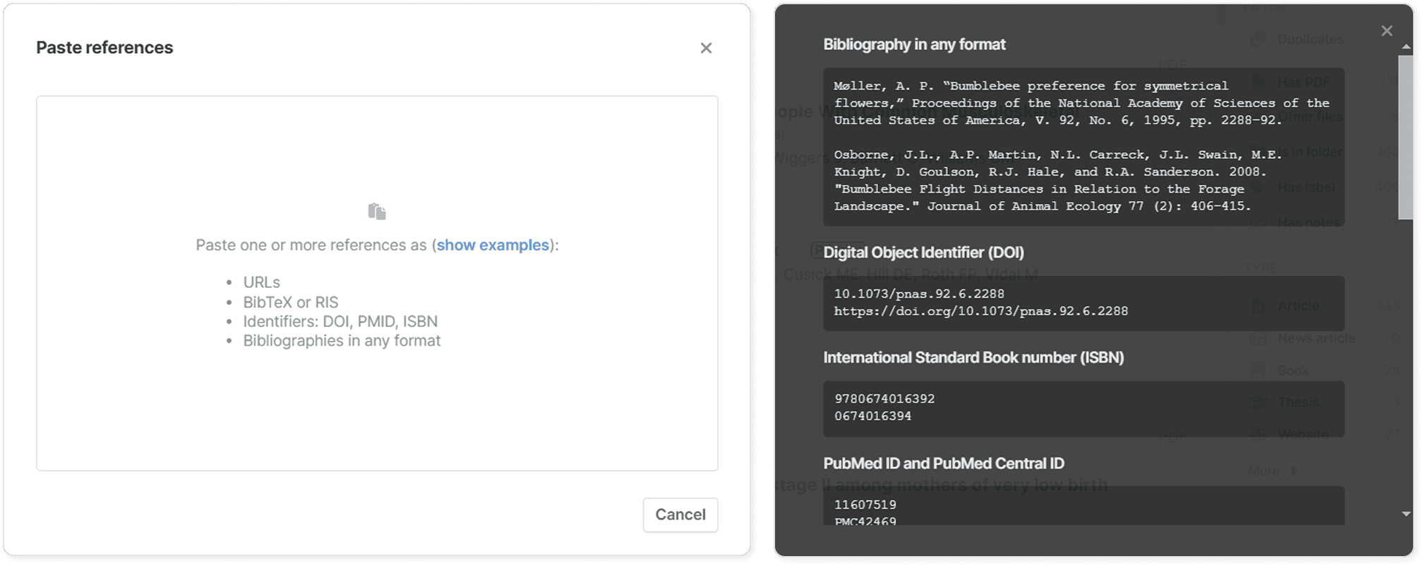 The “Paste references” dialog with an empty drop area listing accepted inputs — URLs, BibTeX or RIS, identifiers and bibliographies — beside an examples panel showing sample bibliographies, a DOI, an ISBN and a PubMed ID.